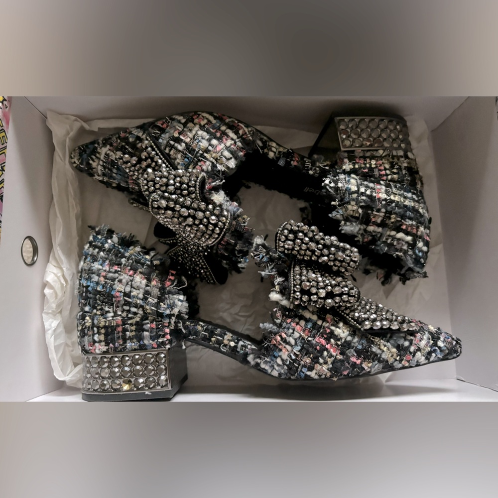 Jeffrey Campbell Valenti Embellished Tweed Bow Loafers 7
